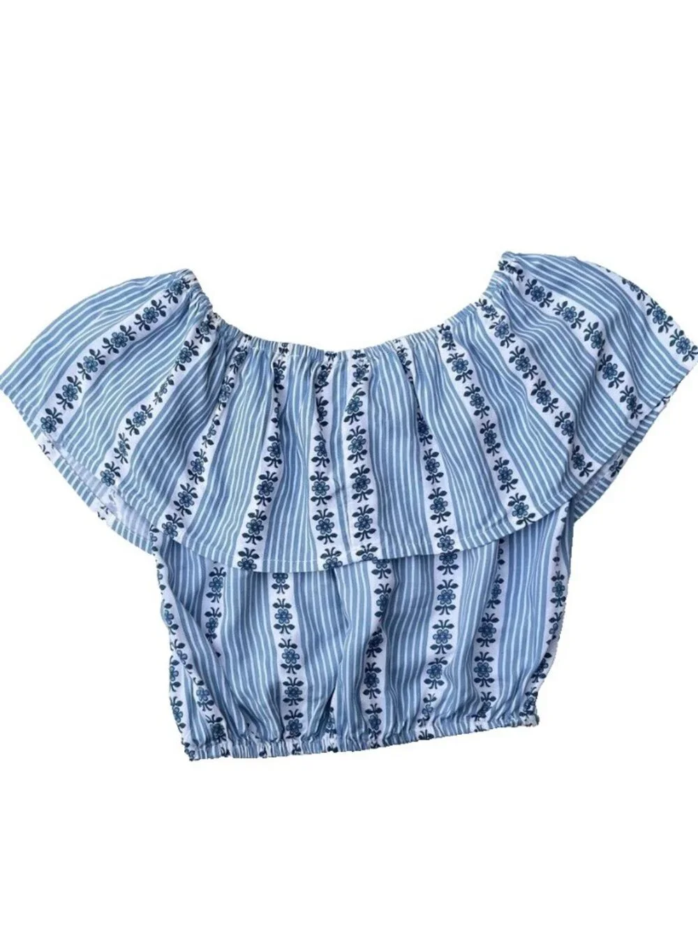 Nasty Gal Motel Harriet Off Shoulder Crop Top Blue Floral Stripe XS Boho - Picture 3 of 13